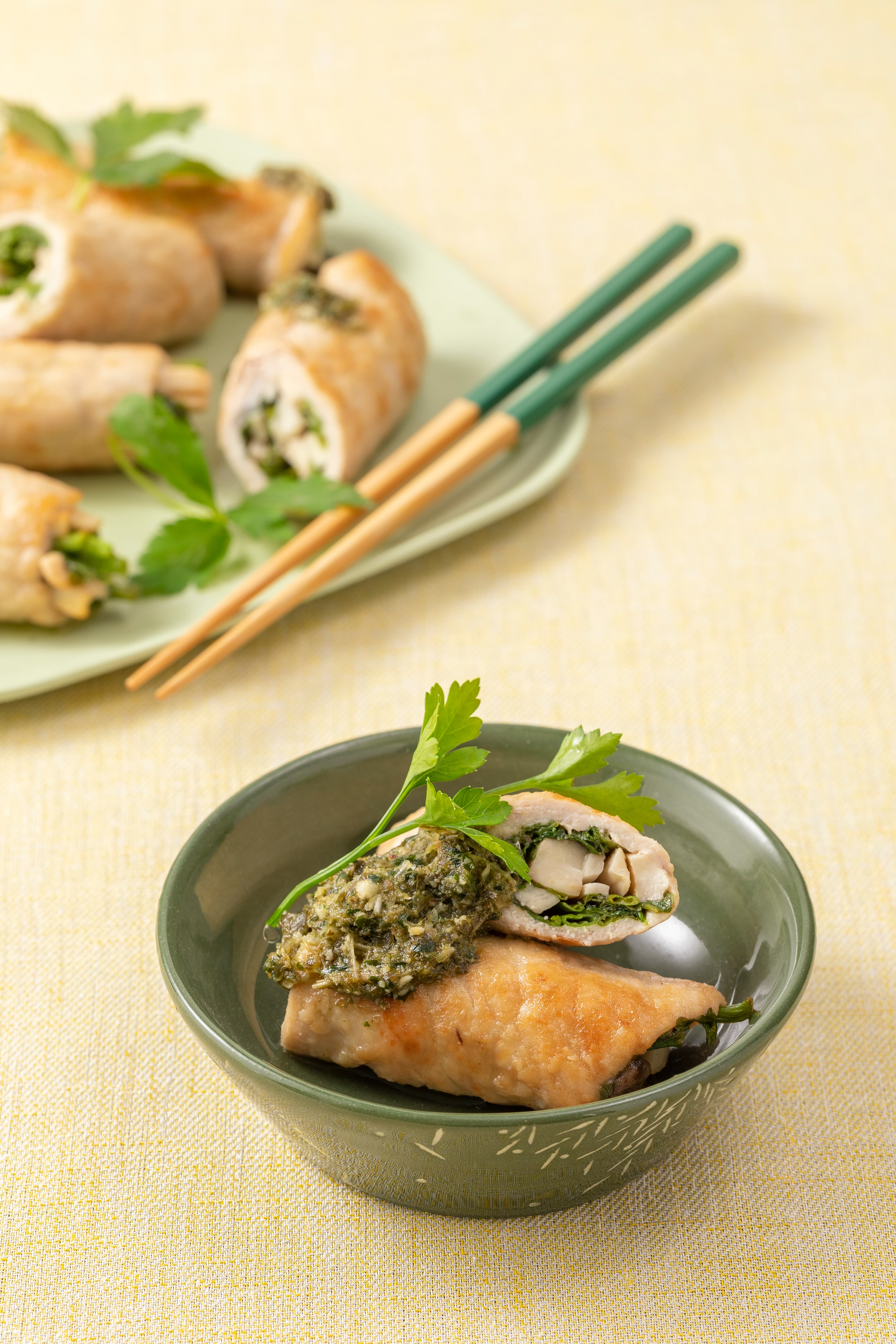 Watercress Mushroom Meat Roll with Wild Greens Sauce