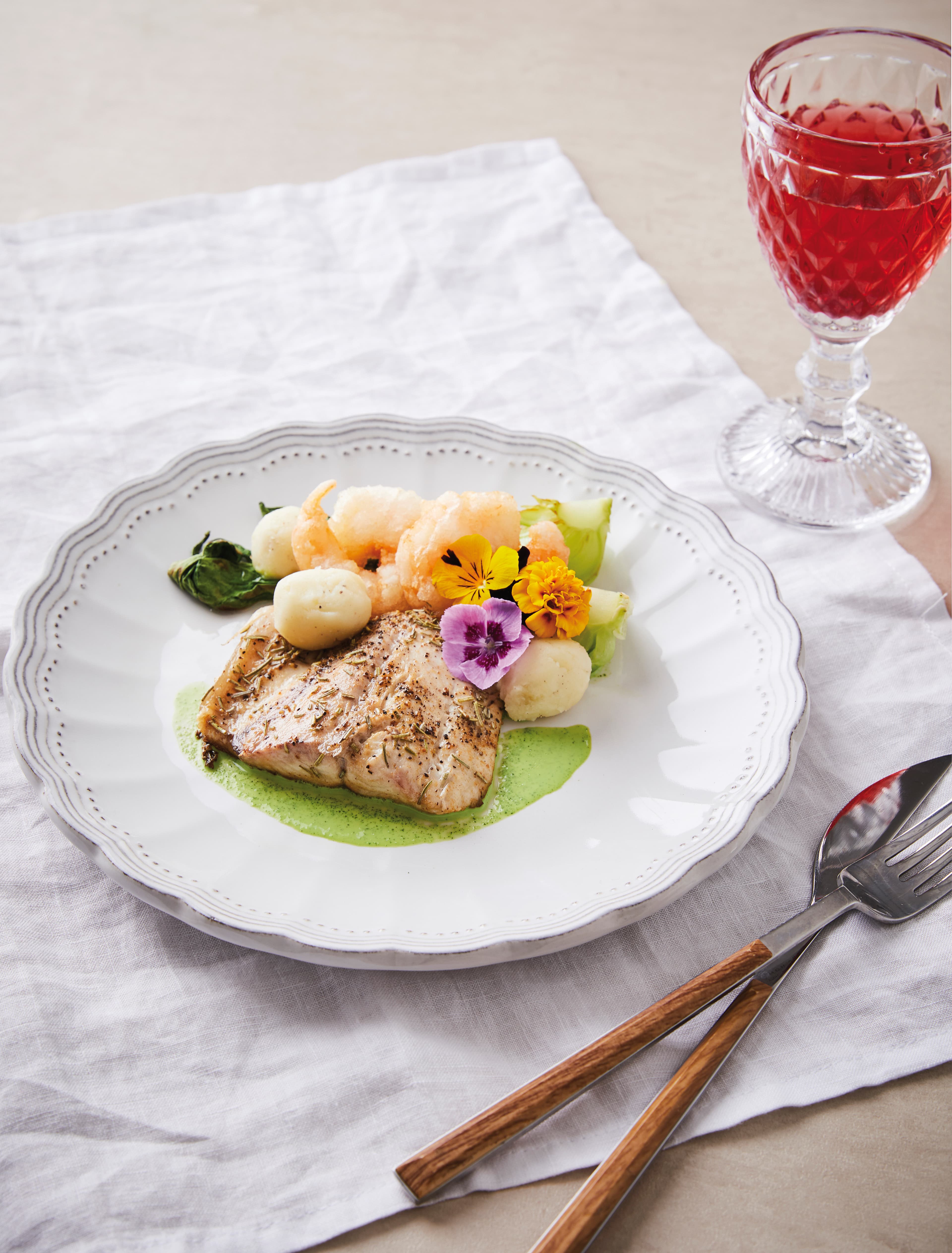 Spanish Mackerel and Shrimp with Perilla Leaf Puree