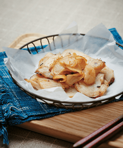 Grilled Frozen Pollock with Garlic Chips
