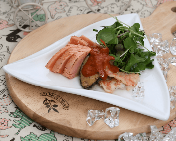 Shrimp Roll and Abalone Salad with Mustard Sauce