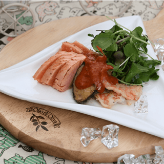 Shrimp Roll and Abalone Salad with Mustard Sauce