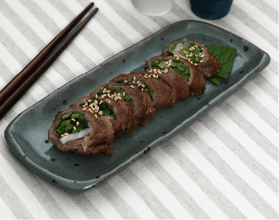 Bell Pepper, Deodeok, and Beef Perilla Leaf Roll