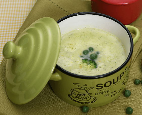 Broccoli Sweet Pumpkin Soup with Green Pea Puree