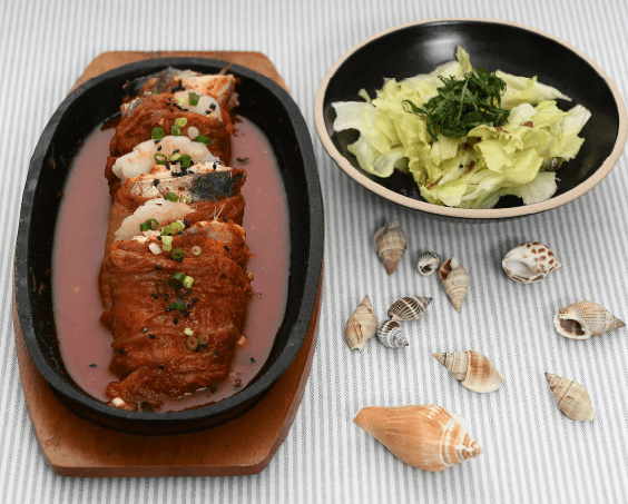 Aged Kimchi Mackerel and Shrimp Roll Skewer
