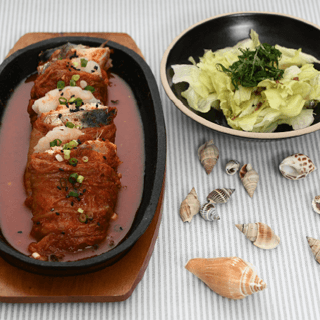 Aged Kimchi Mackerel and Shrimp Roll Skewer