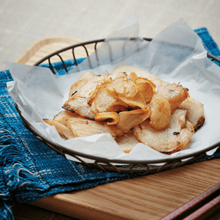 Grilled Frozen Pollock with Garlic Chips